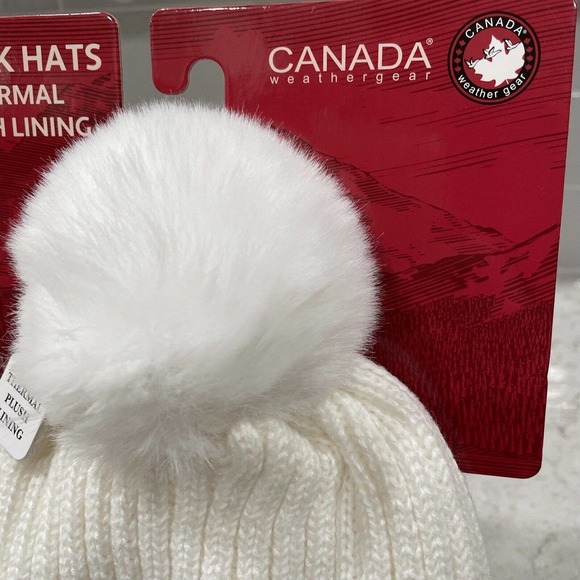 2 Pack CANADA WEATHER GEAR Thermal Plush Lined Winter Hats IVORY & BLACK Pom $40 - Picture 4 of 8